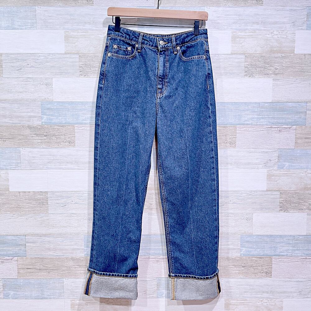 Club Monaco Cuffed Ankle Jeans Blue Dark Wash High Rise Rigid Denim Womens 26